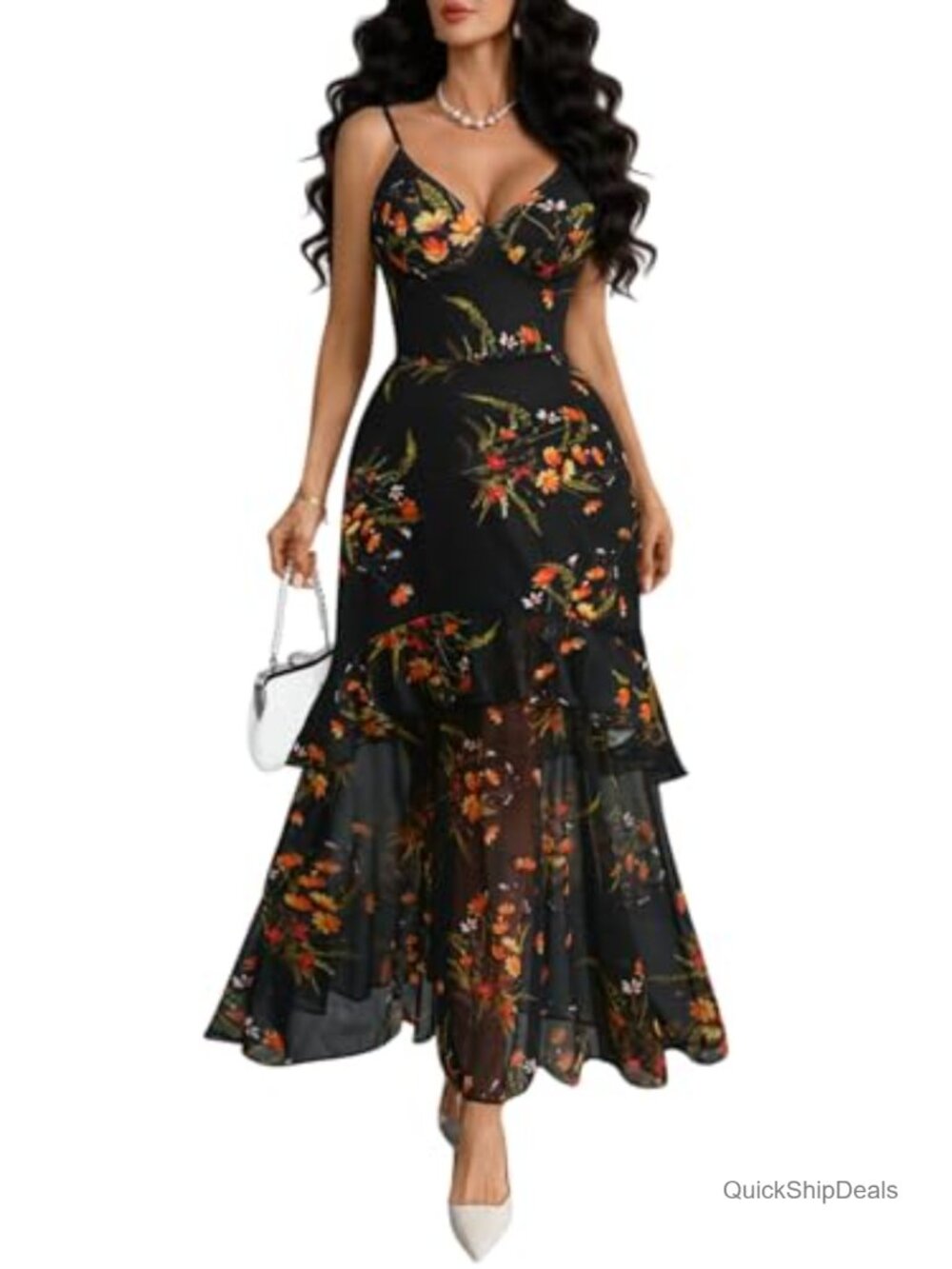 Womens Floral Mesh V Neck Spaghetti Strap Ruffle Tiered Maxi Dress